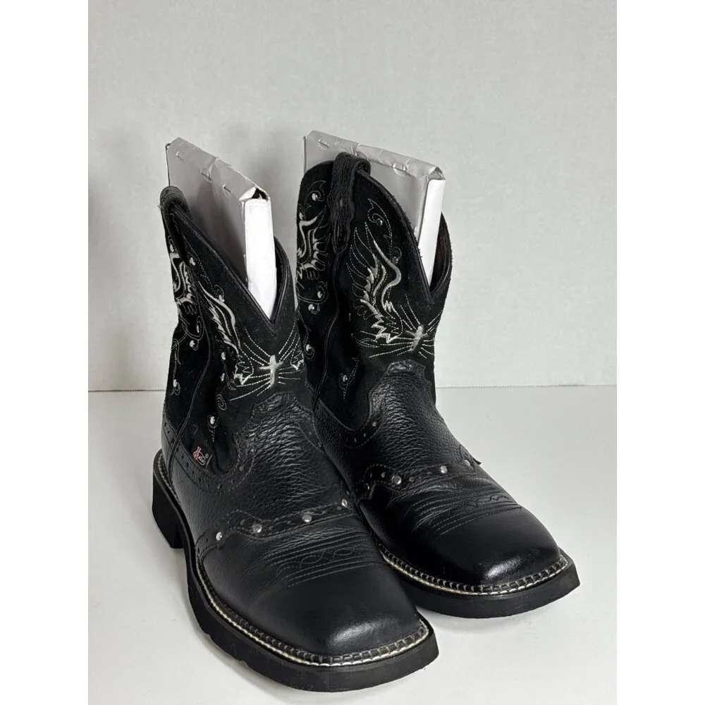 Justin Boots Black Gypsy Embroidered Square Toe Western L9977 Womens 8.5B - Picture 1 of 16